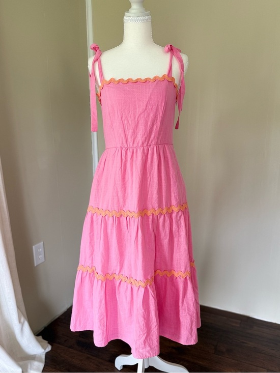 Francesca's Collections Dresses & Skirts - NEW Francesca's Midi Dress Pink Tiered Bow Tie-Shoulder Dress Orange Trim S